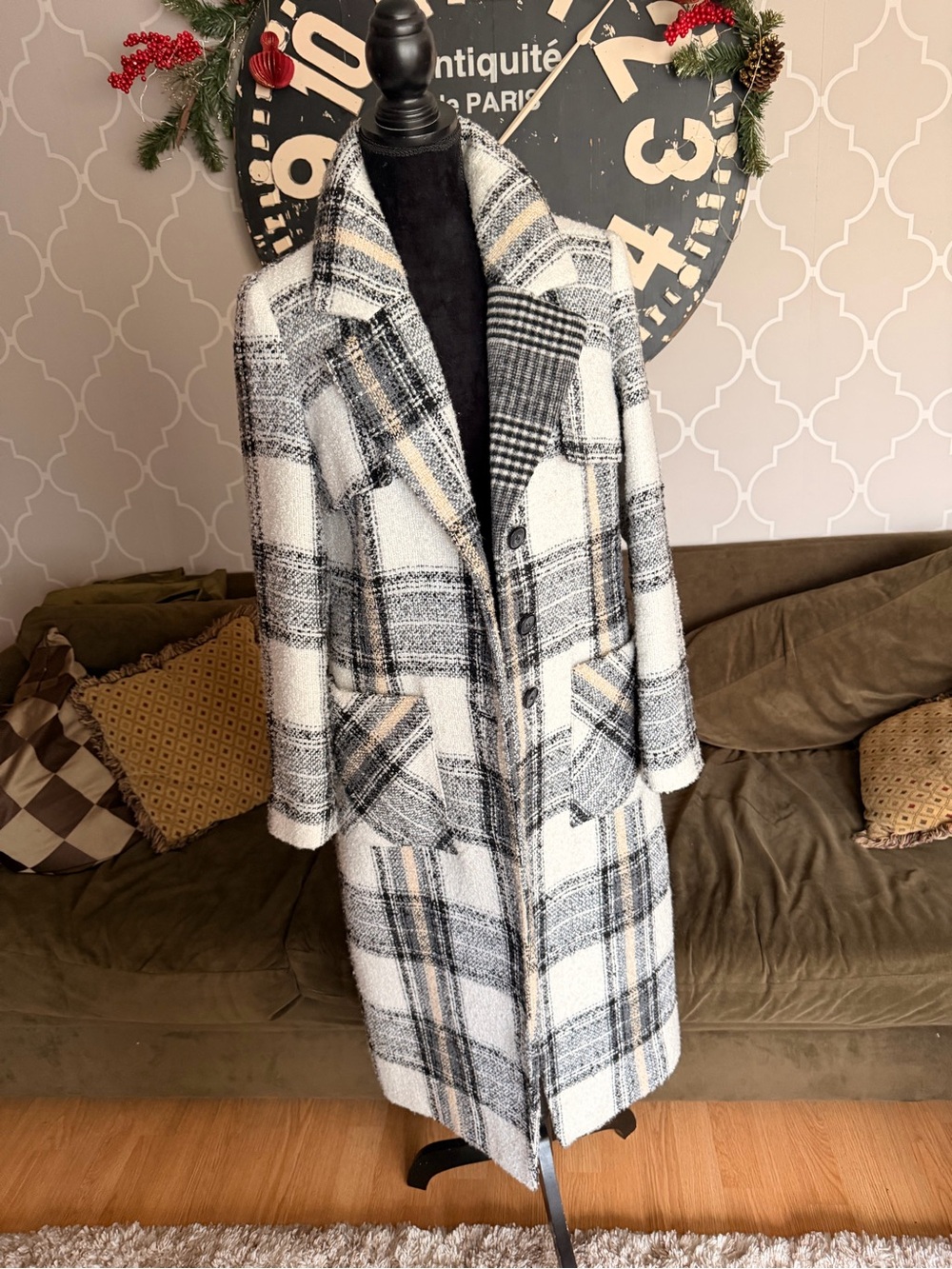 NVLT Black & White Plaid Long Pea Coat